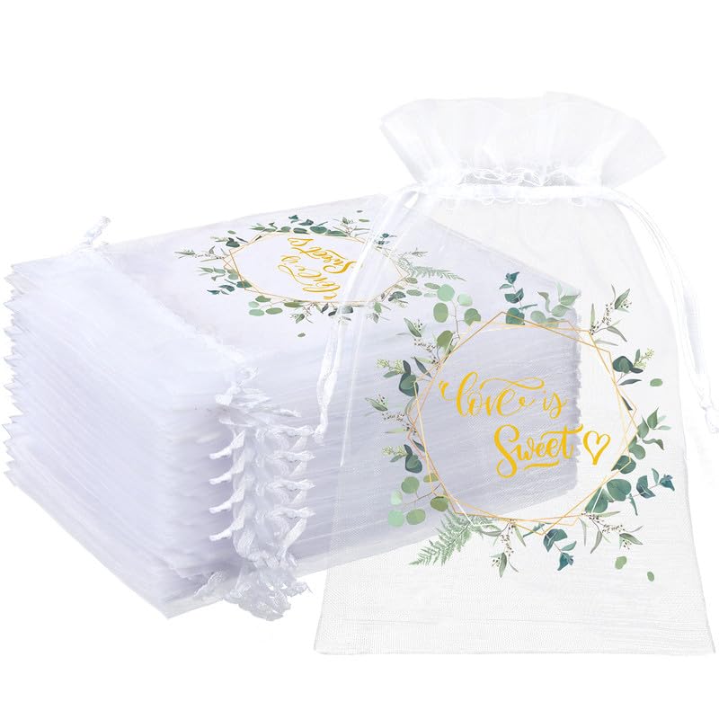 Windyun 200 Pcs Love Is Sweet Organza Bags for Wedding Treat 4 x 6 Inch Wedding Favor Bags Candy Gift Bags Bulk Small Sheer Eucalyptus Leave Jewelry Bags with Drawstring for Baby Shower Supply