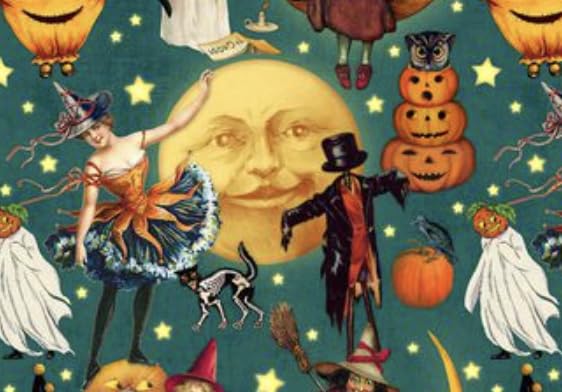 Vintage Halloween Witch Moons Pumpkins and Moons Cotton Precut Fabric by The Yard