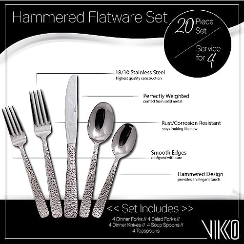 Vikko Silverware Set, Hammered Metal Set of Flatware, Service for 4 Strong and Durable 18/10 Stainless Steel Flatware Set, 20 Piece Set, Dishwasher Safe