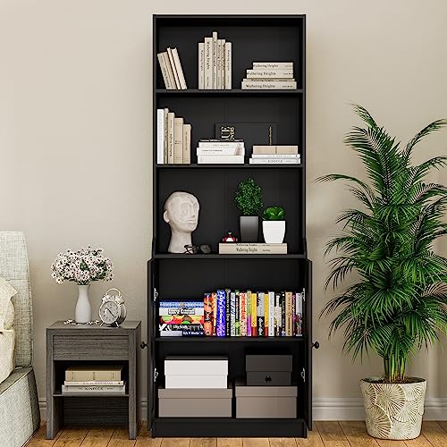 Cozy Castle 75 Inch Tall Bookshelf with Doors, Modern Floor Standing 5-Tier Bookcase with Storage Cabinet and Adjustable Shelves for Living Room, Office, Bedroom 27.6" W x 15.7" D x 75.6" H, Black