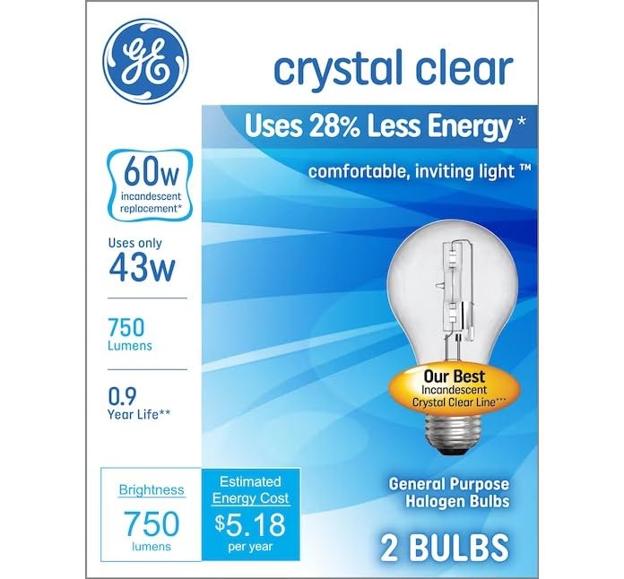 GE Crystal Clear 60W 750 Lumens Energy Efficient General Purpose Halogen Bulbs (2 Bulb Packs) - 24 Pack (48 Bulbs)