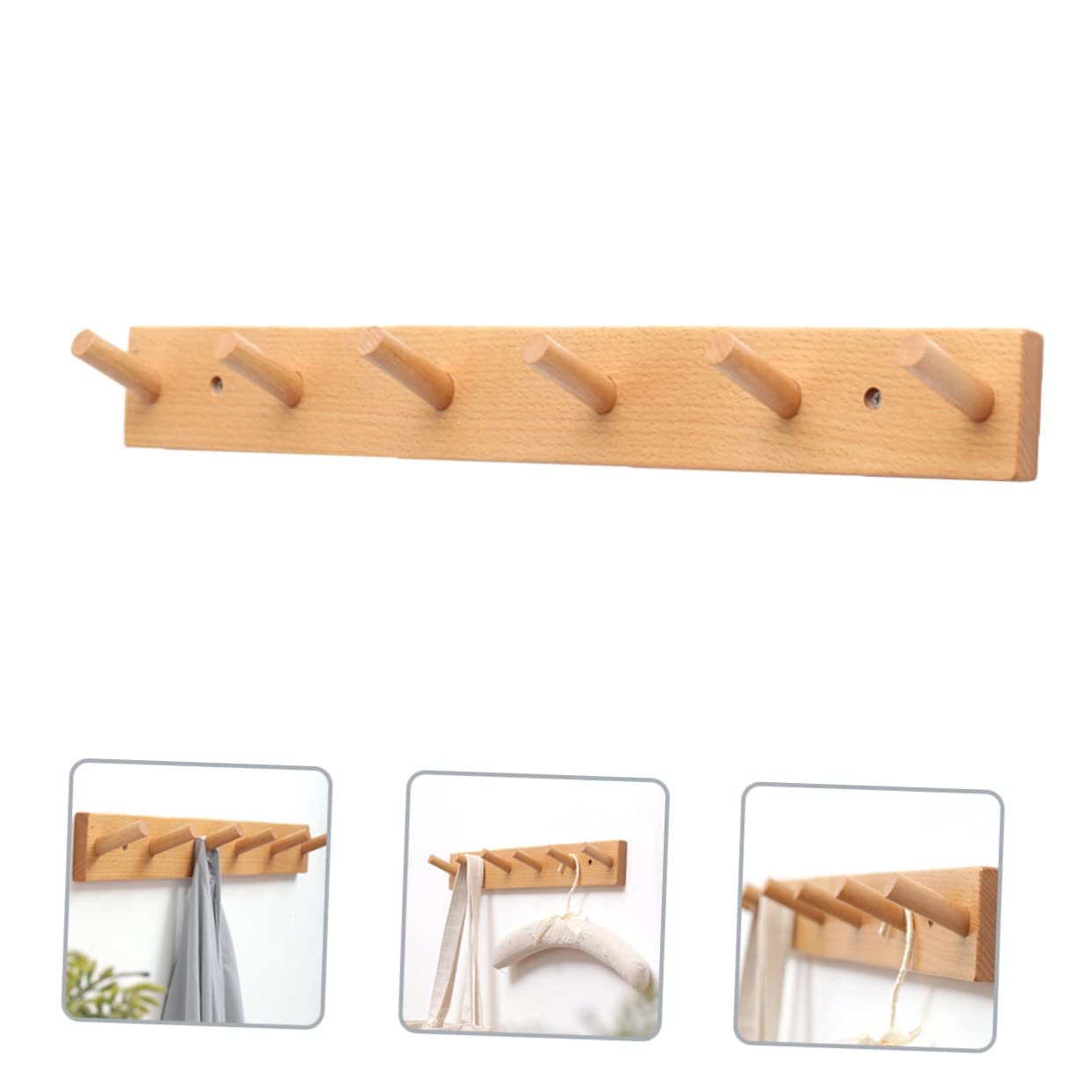 KONTONTY Clothes Hook Wood 6-Hook Wood Hook Rack Wood Wall Hook Rack Wooden Wall-Mounted Rack Hook 6-peg Wood Hook Coat Rack with Pegs Solid Wood 6-peg Rack