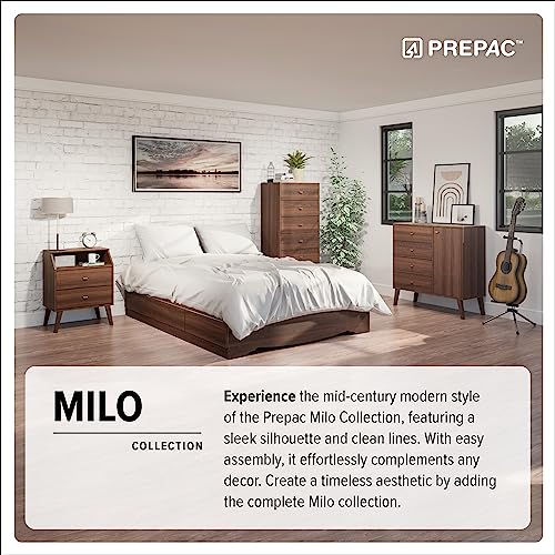 Prepac Milo Mid-Century Modern Bookcase with Six Shelves, Two Doors, and Brushed Brass-Finished Knobs