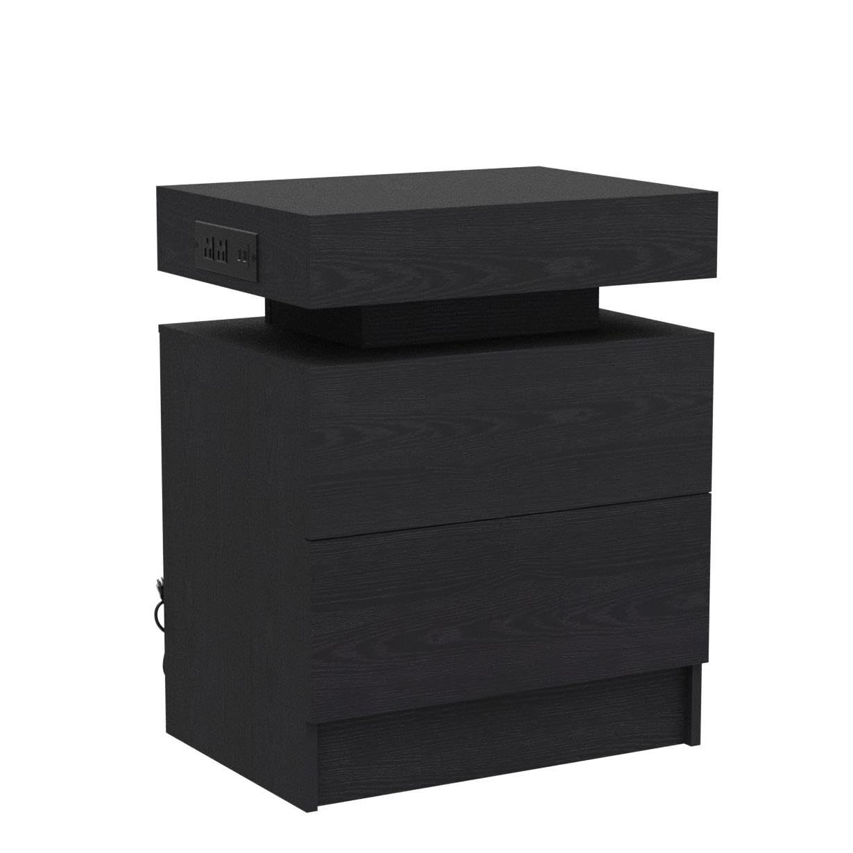 LIKIMIO Night Stand with Charging Station, Modern Black Nightstand with LED Light and Drawers, Bedside Tables/End Table for Bedroom