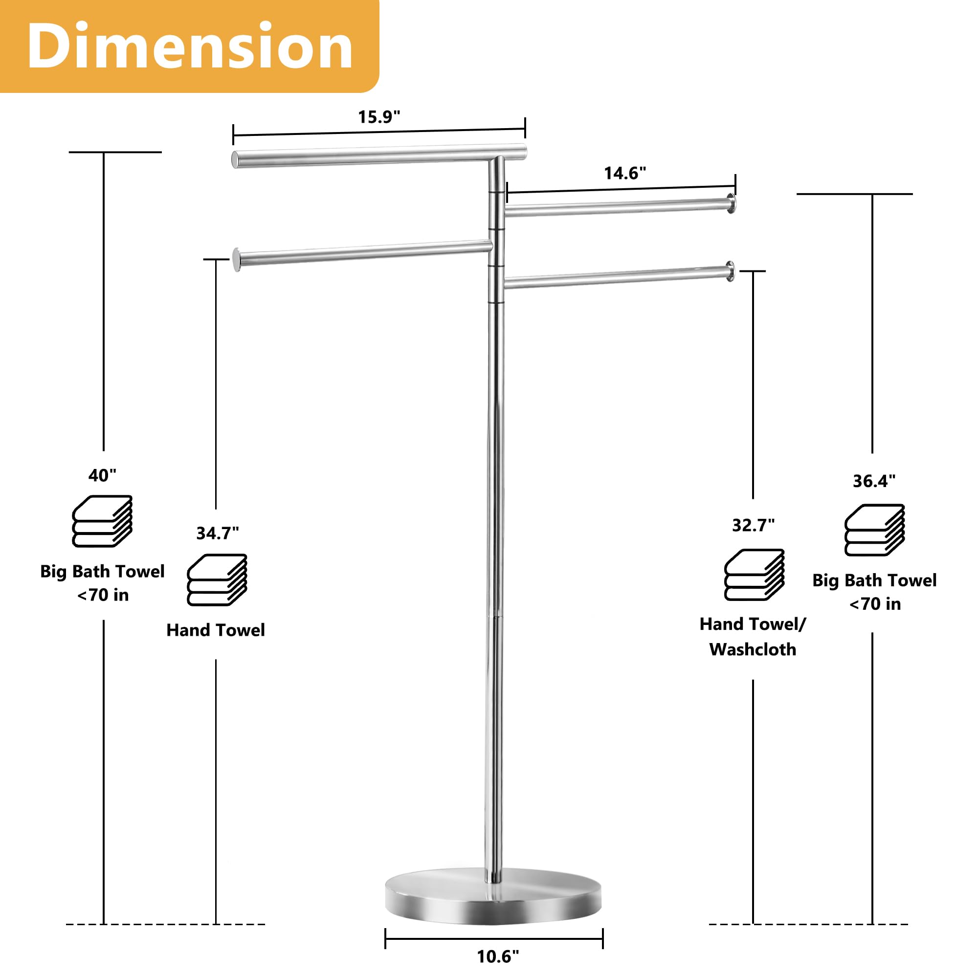 Freestanding Towel Rack, 40 Inch Tall Standing Towel Racks for Bathroom with Weighted Base, Modern Floor Towel Drying Holder Stand with 4 Swivel Arms, Stainless Steel, Chrome, YOFOVI