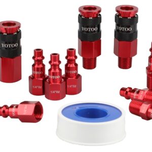 YOTOO 15 Pieces Universal Air Coupler and Plug Kit, Quick Connect Air Hose Fittings, Heavy Duty Aluminum Air Fittings, Lightweight, Push to Connect air tools and air compressor, Red