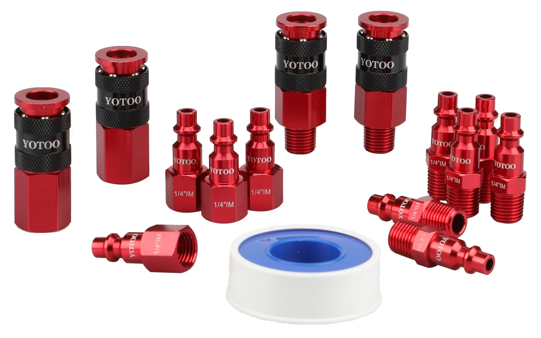 YOTOO 15 Pieces Universal Air Coupler and Plug Kit, Quick Connect Air Hose Fittings, Heavy Duty Aluminum Air Fittings, Lightweight, Push to Connect air tools and air compressor, Red