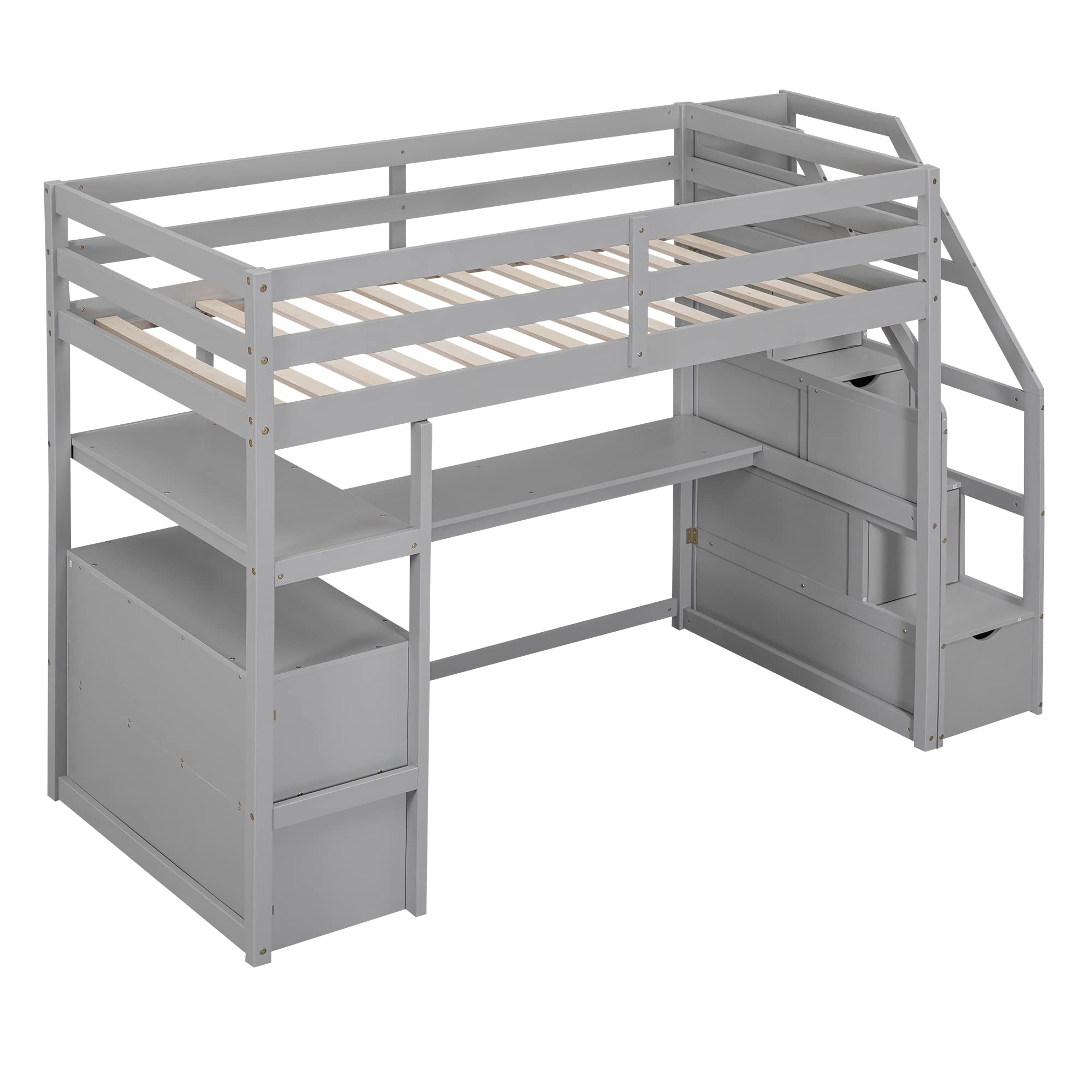 Twin Loft Bed with Stairs and Desk, Wood Loft Bed Frame with Storage Cabinet, High Loft Beds with Drawers & Shelf for Kids, Juniors, Teen, Boys, Girls, Gray