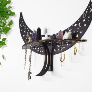 Lingshi Wooden Moon Crystal Display Shelf - Mini Floating Shelves for Crystal Witchy Decor Gem Stone Essential Oil Storage Rack Boho Room Decor for Bedroom Living Room(Crystal Not Included)