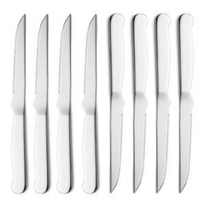 steak knives set of 8, eisinly sharp serrated knife set with sturdy full stainless steel handle for kitchen restaurant party, 9.5 inches, silver