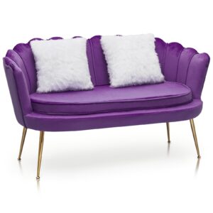 monibloom 52" purple velvet loveseat sofa with 2 pillows, modern 2-seater sofa upholstered tufted love seat couch with golden metal legs for living room conference room, 300 lbs capacity