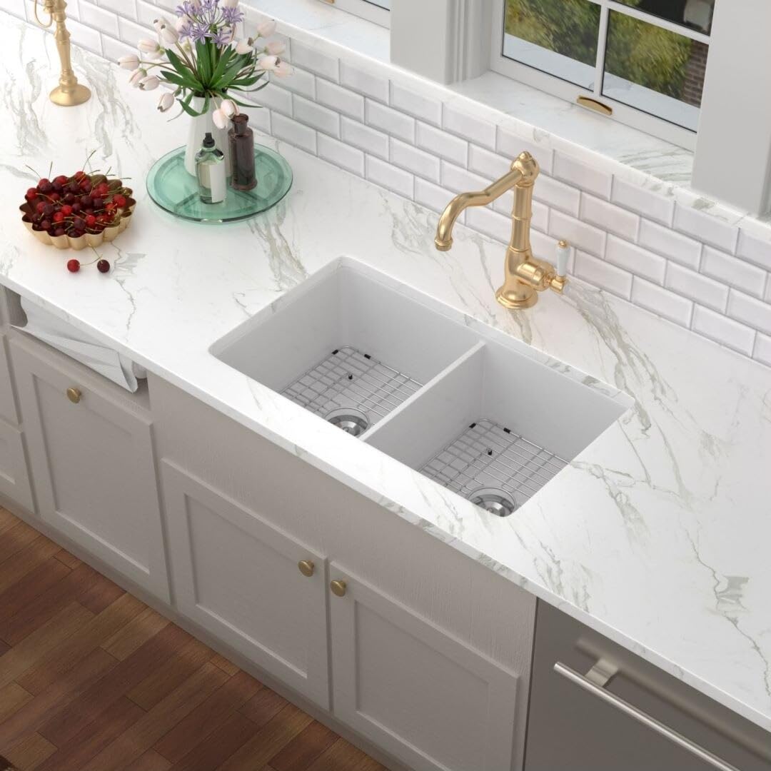 32 Inch Undermount Double Bowl Glossy White Porcelain Kitchen Sink 32"x19" Rectangle Scratch Resistant