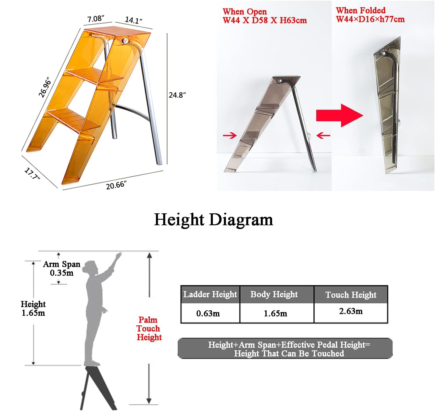 3 Step Ladder,Acrylic Folding Step Stool, 3 Anti-Slip Steps,Wide Platform,Great for Your Kitchen, Pantry, Closets, or Home Office,Modern Stool,330 Lbs Capacity (Grey)