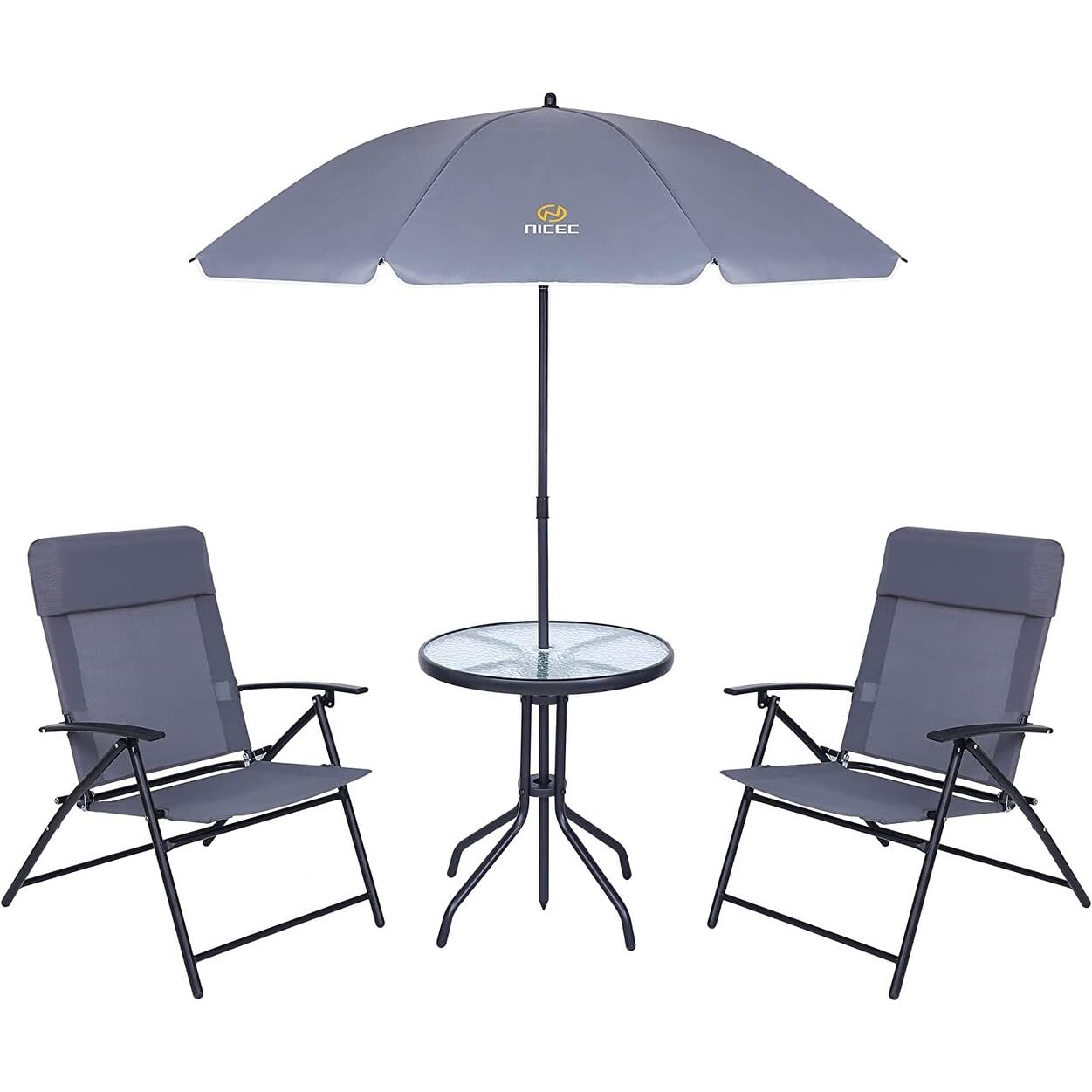 4-Piece Bistro Set Patio Dining Garden Outdoor Table with Tilted Removable Umbrella Glass and 2 Folding Chairs Grey Metal