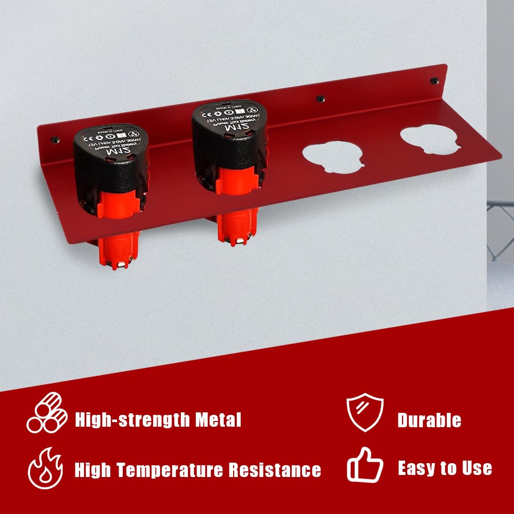 2Pcs Battery Holder for Milwaukee M12, Wall Mount Battery Storage for 4Pcs Batteries, Metal Battery Holder Organizers M12 Packout Accessories(Red)