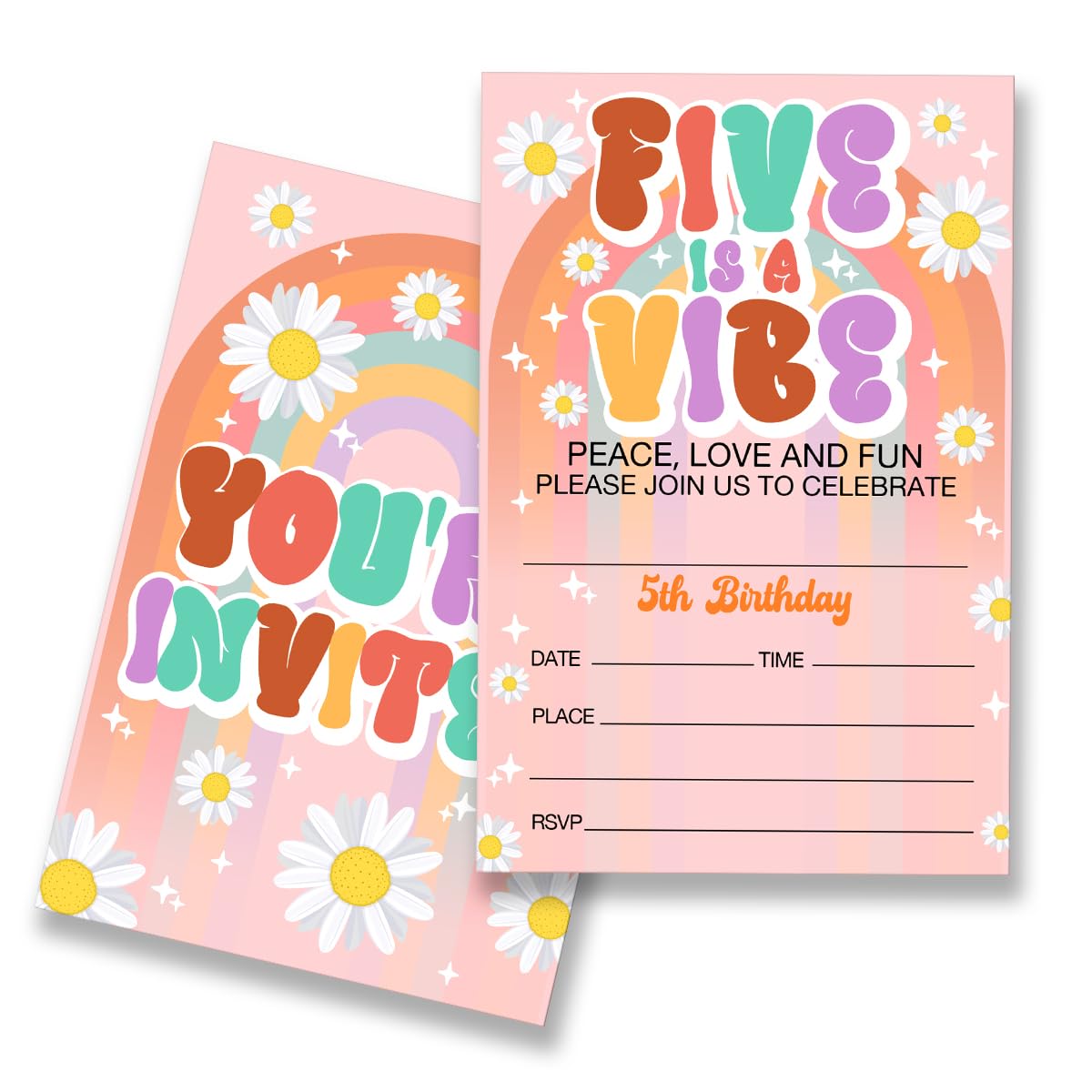 EUDOSI Five is a Vibe Groovy 5th Birthday Party Invitations Supplies Fill-In Set of 20 with Envelopes Groovy 5 Years Old Birthday Bash Invites Cards, Double Sided