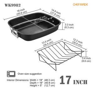 CHEFMADE Roasting Pan, 17-Inch Non-Stick Large Roasting Pan for Turkey, Roaster Lasagna Pan with V Rack Rectangular Deep Dish Oven-BBQ Bakeware for Oven Baking 17.1" x 14.1" x 3.3" (Black)