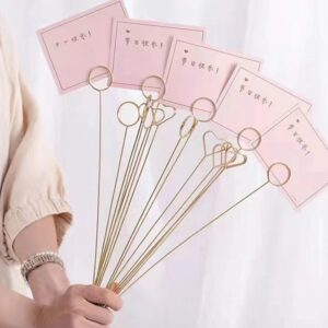 20 Pcs Golden Metal Wire Floral Place Card Holder Flower Picks Sticks Clip Round Photo Memo Note Holder Picks Clay Cake Accessories for Wedding Birthday Party(13 Inch)