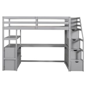 Twin Loft Bed with Stairs and Desk, Wood Loft Bed Frame with Storage Cabinet, High Loft Beds with Drawers & Shelf for Kids, Juniors, Teen, Boys, Girls, Gray