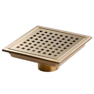 SaniteModar Shower Drain, 6 inch Shower Floor Square Drain with Flange, Removeable Grid Panel SUS 304 Stainless Steel Square Shower Drain, Brushed Gold…