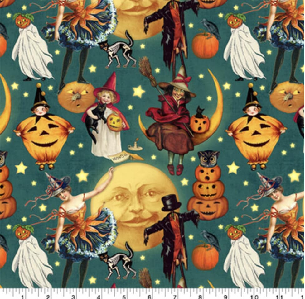 Vintage Halloween Witch Moons Pumpkins and Moons Cotton Precut Fabric by The Yard