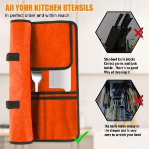 QIQU Orange Chef Knife Bag With 20 Slots Cutlery Knives Holders Protectors, Home Kitchen Travel Cooking Tools, Portable Canvas Knife Roll Storage Bag Chef Case for Camping or Working