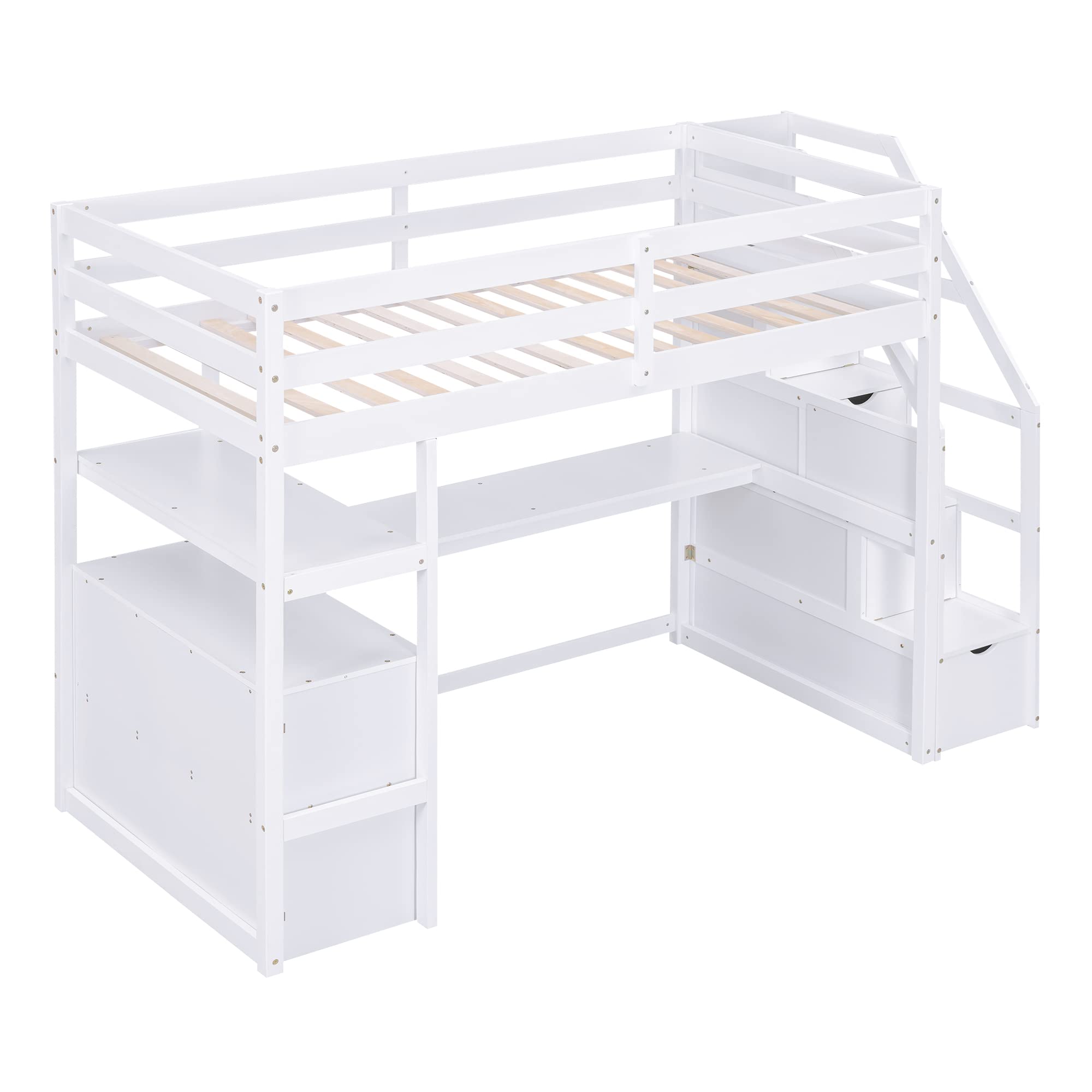 Twin Loft Bed with Stairs and Desk, Wood Loft Bed Frame with Storage Cabinet, High Loft Beds with Drawers & Shelf for Kids, Juniors, Teen, Boys, Girls, White