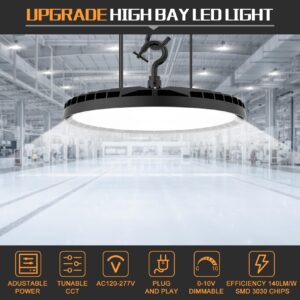 2 Pack High Bay LED Lights 150W 100W 80W Adjustable, 21,000LM 140LM/W High Bay LED Shop Lights 3000K 4000K 5000K Tunable CCT, UFO LED Warehouse Lights for Commercial Workshop Factory AC100-277V