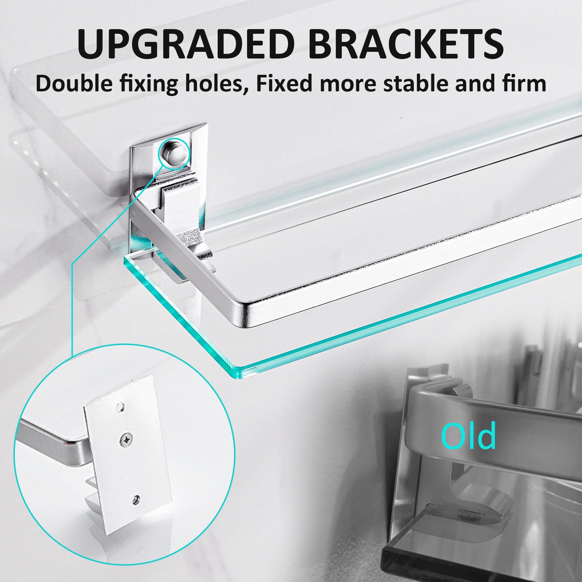 DeDebrly Bathroom Glass Shelf with Upgraded Bracket for Stability, Tempered Glass Shelf with Rail for Bathroom Organization, Silver, Upgraded Rectangular (2 Pack)