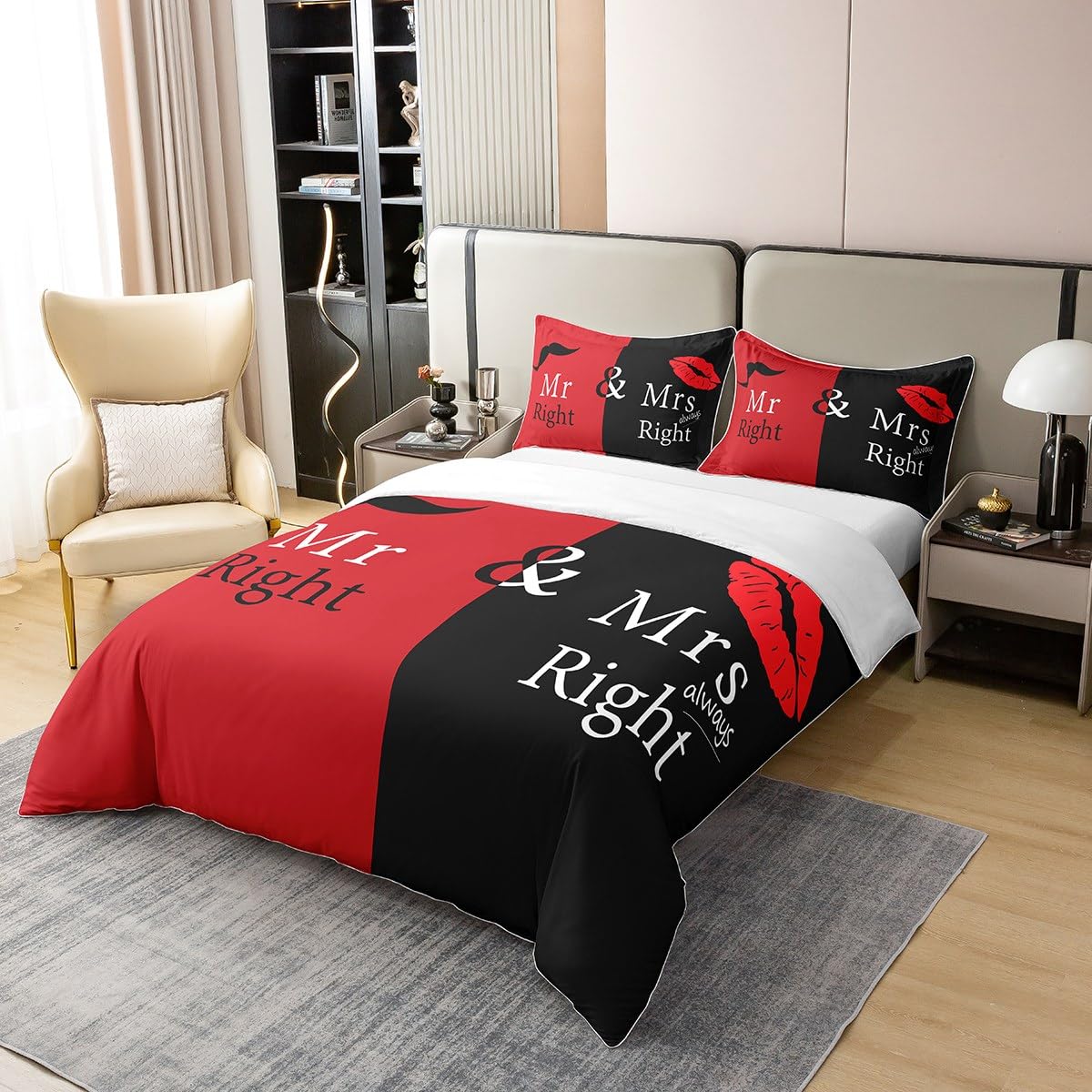 Mr Mrs Bedding 100% Cotton Set Black Red Creative Duvet Cover 100% Cotton Love Man Mustache Woman Lip Romance White Quote for Lover Couple Valentine Day Home Bedroom Decor Quilt Cover Queen Zipper