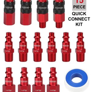 YOTOO 15 Pieces Universal Air Coupler and Plug Kit, Quick Connect Air Hose Fittings, Heavy Duty Aluminum Air Fittings, Lightweight, Push to Connect air tools and air compressor, Red