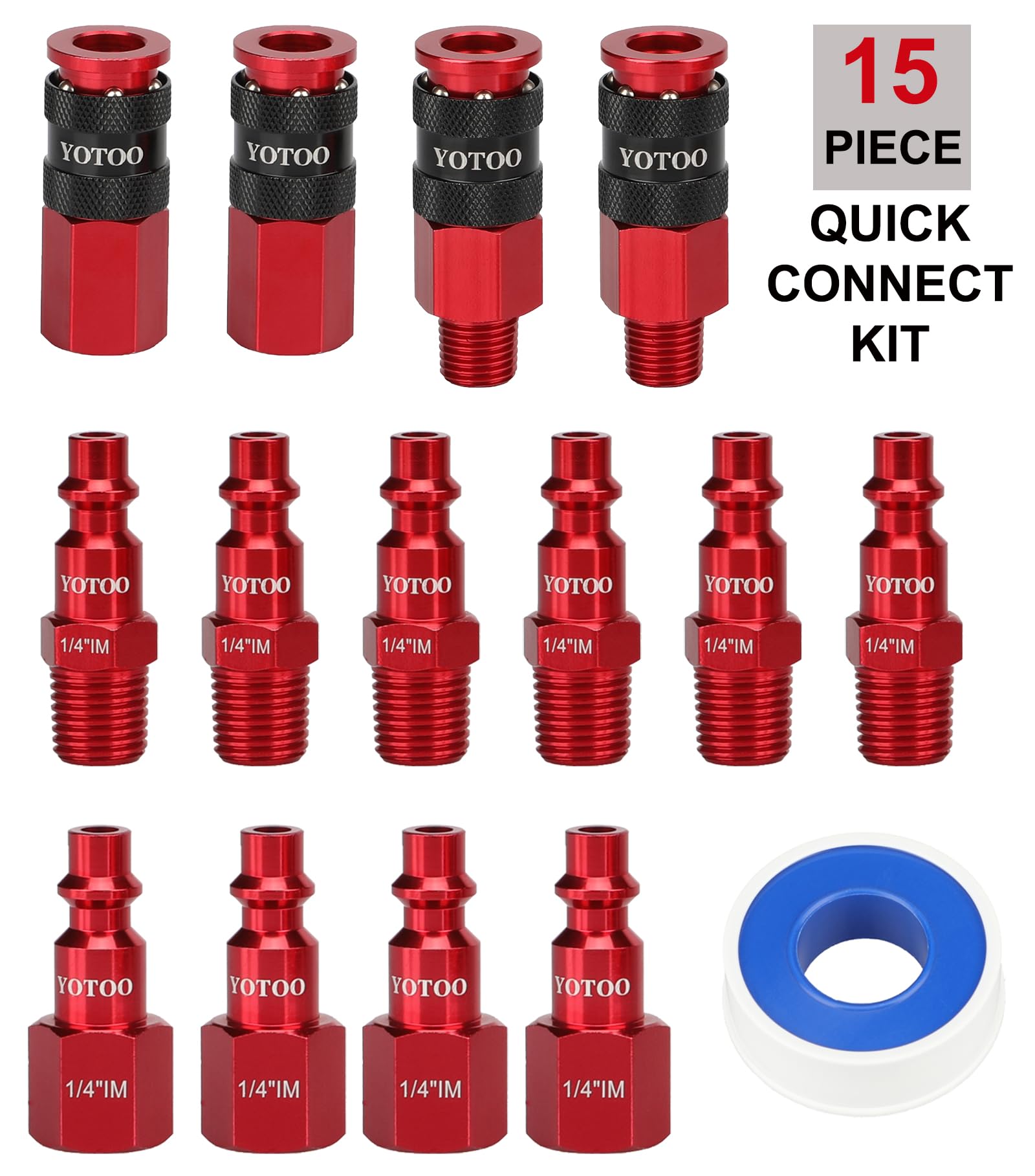 YOTOO 15 Pieces Universal Air Coupler and Plug Kit, Quick Connect Air Hose Fittings, Heavy Duty Aluminum Air Fittings, Lightweight, Push to Connect air tools and air compressor, Red