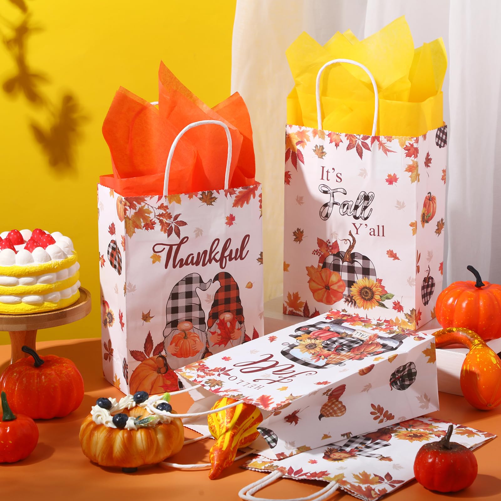 Seajan 32 Pieces Thanksgiving Gift Bags with Tissue Paper Thanksgiving Party Favor Bag with Handles Fall Party Treat Paper Bags Fall Candy Bags Thanksgiving Fall Autumn Party Supplies and Gifts