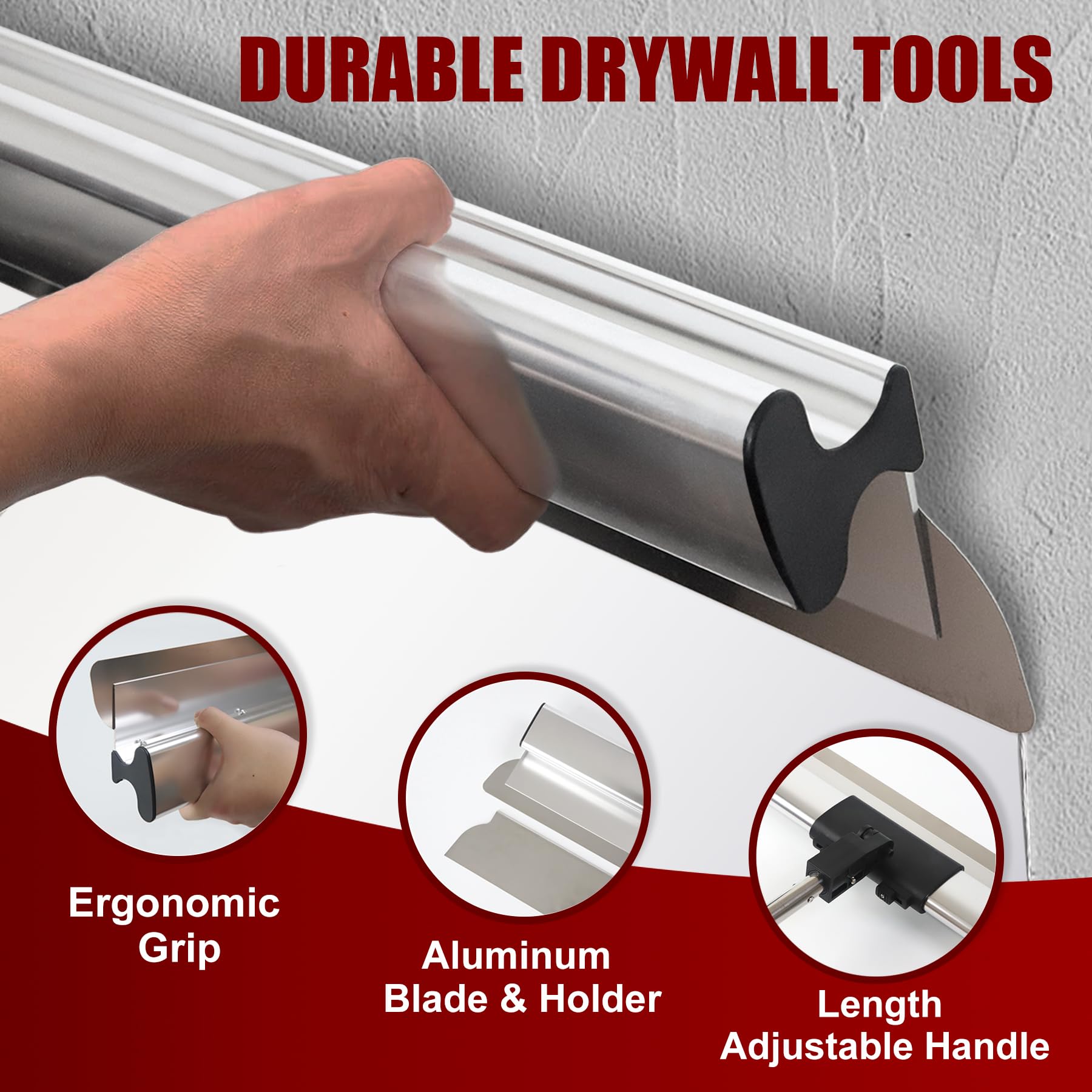 Drywall Skimming Blade Set - Drywall Tools with 12", 22” & 32" Skimming Blades and 35"-81" Extension Handle, Stainless Steel Drywall Knife Set, Extruded Aluminum, High-Impact End Caps