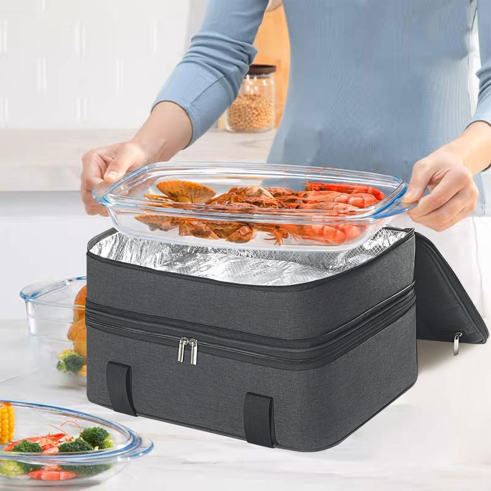 ASXSONN Insulated Casserole Carrier, Double Casserole Carrier for Hot or Cold Food, Expandable Casserole Carrier for Potlucks, Dinners, Picnic, Travel, Fits 9"x13" Baking Dish