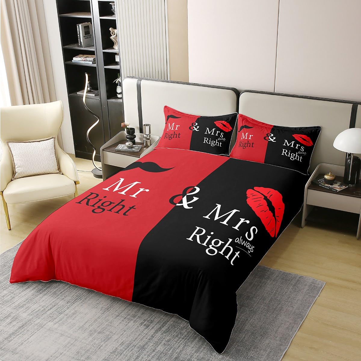 Mr Mrs Bedding 100% Cotton Set Black Red Creative Duvet Cover 100% Cotton Love Man Mustache Woman Lip Romance White Quote for Lover Couple Valentine Day Home Bedroom Decor Quilt Cover Queen Zipper