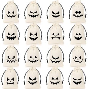 shappy 48 pcs 16 styles halloween pumpkin burlap candy bags bulk with drawstring bags 4 x 6 inch pumpkin goody bags trick or treat halloween burlap bags for kids halloween party (white)