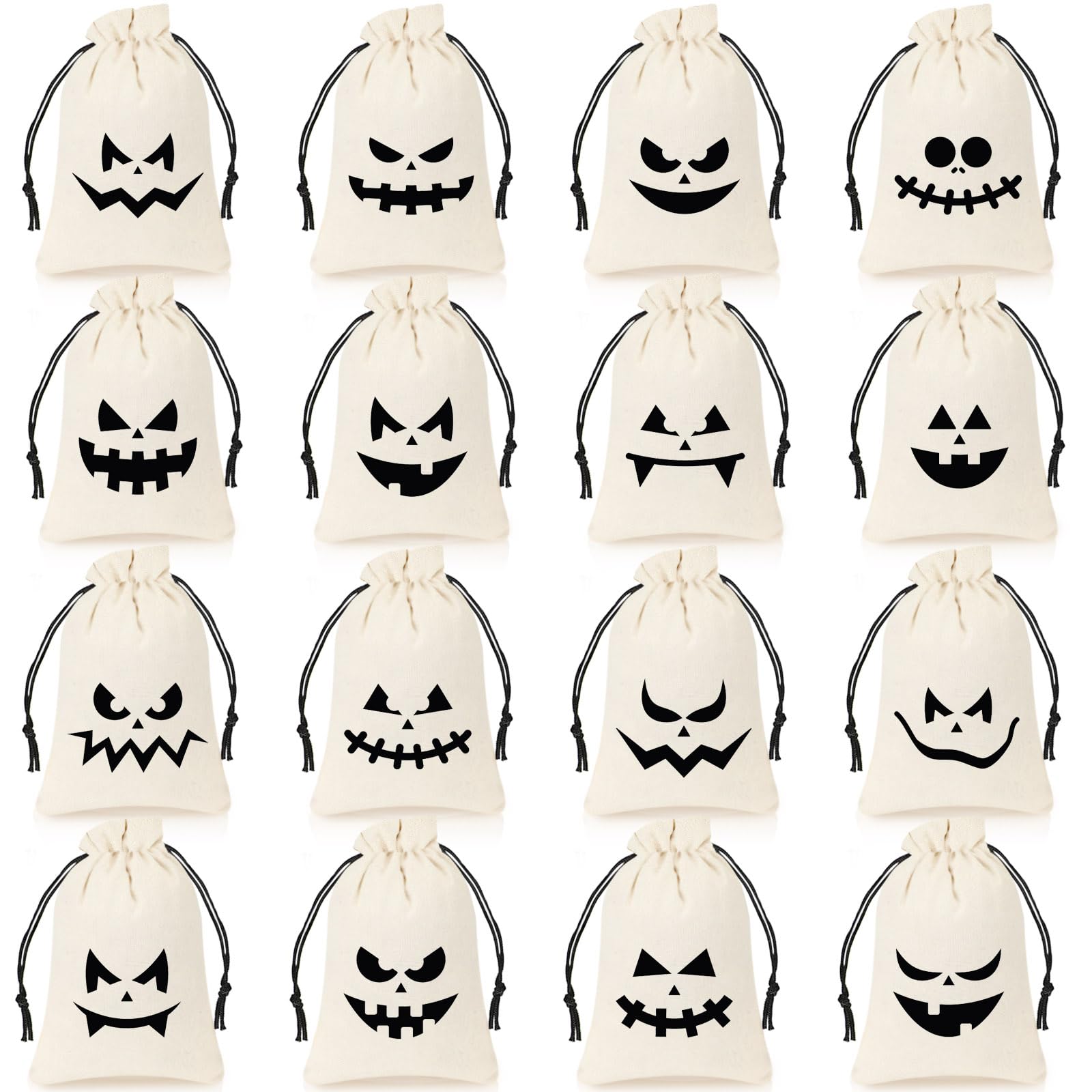 Shappy 48 Pcs 16 Styles Halloween Pumpkin Burlap Candy Bags Bulk with Drawstring Bags 4 x 6 Inch Pumpkin Goody Bags Trick or Treat Halloween Burlap Bags for Kids Halloween Party (White)