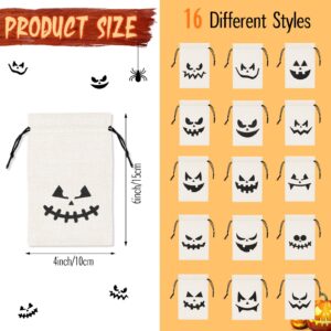 Shappy 48 Pcs 16 Styles Halloween Pumpkin Burlap Candy Bags Bulk with Drawstring Bags 4 x 6 Inch Pumpkin Goody Bags Trick or Treat Halloween Burlap Bags for Kids Halloween Party (White)