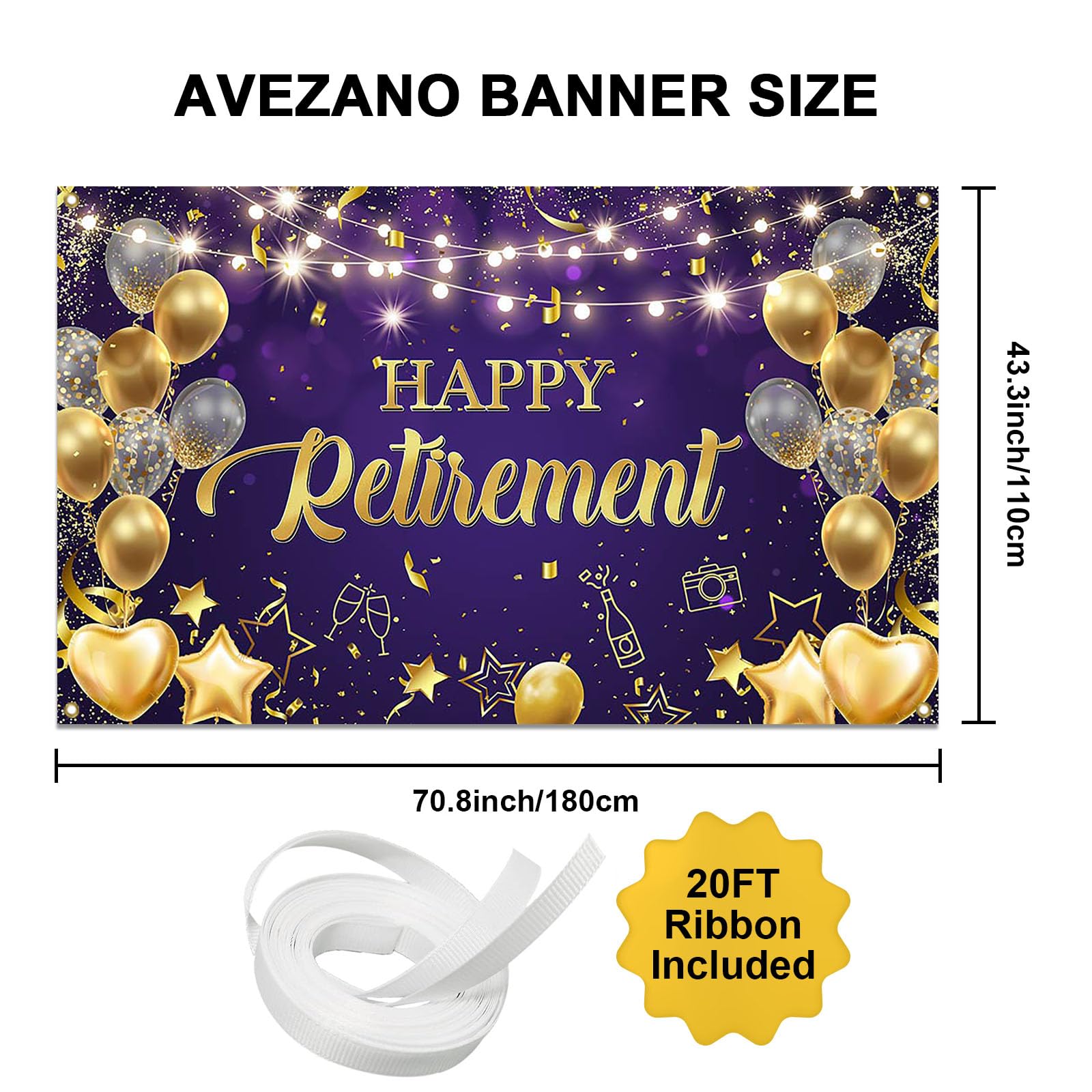 Avezano Happy Retirement Backdrop Purple and Gold Happy Retirement Sign Banner Photo Background with Rope for Retirement Party Decorations (70.8x43.3inch)