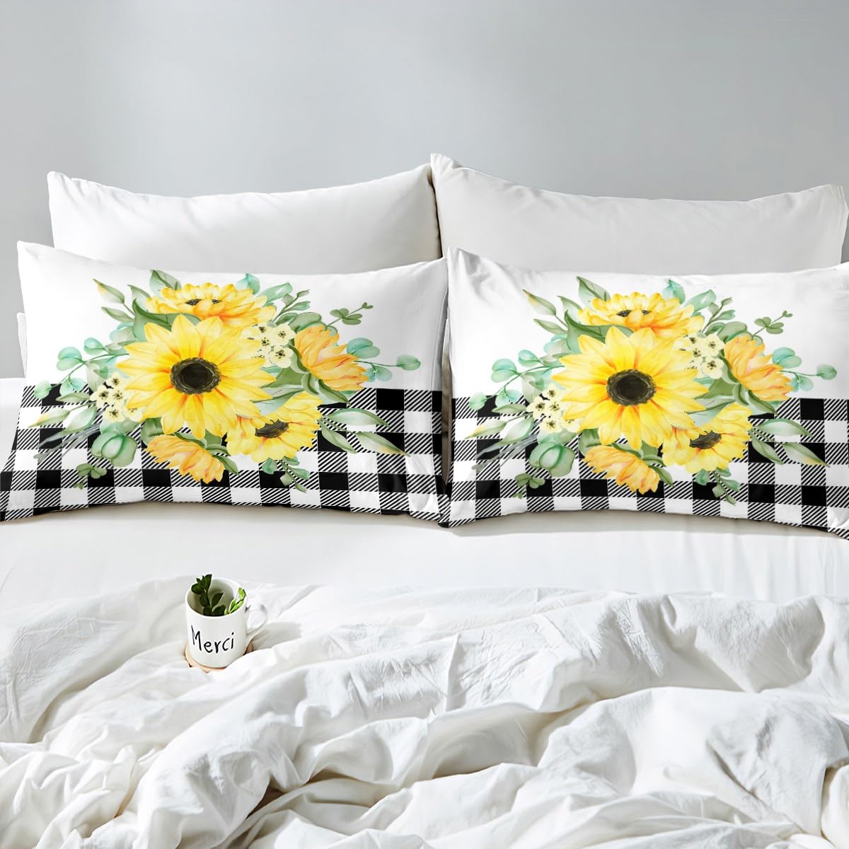 Sunflower Duvet Cover queen, Buffalo Check Bedding Set, Farmhouse Plaid Grid Yellow Floral Wild Botanical Black White Stripe Comforter Cover, Summer Rustic Garden Plants Room Decor Quilt Cover