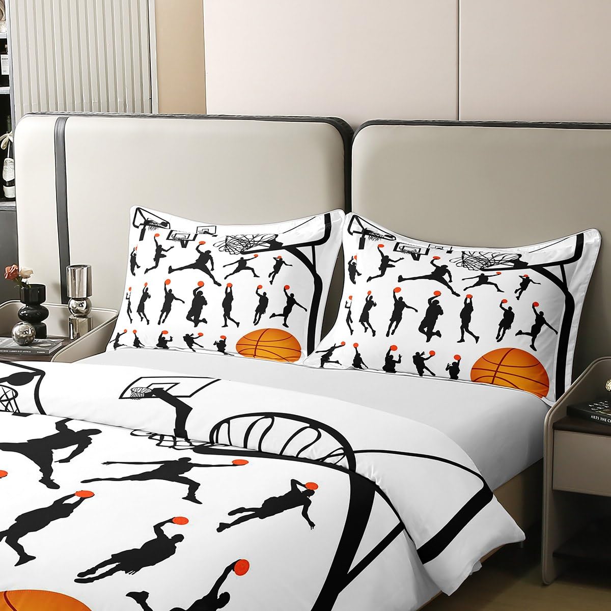 Basketball Print Bedding 100% Cotton Set Sports Theme Duvet Cover 100% Cotton 3D Ball Pattern Breathable Gift for Basketball Player Black White Duvet Set Room Decor Quilt Cover Full Size Zipper