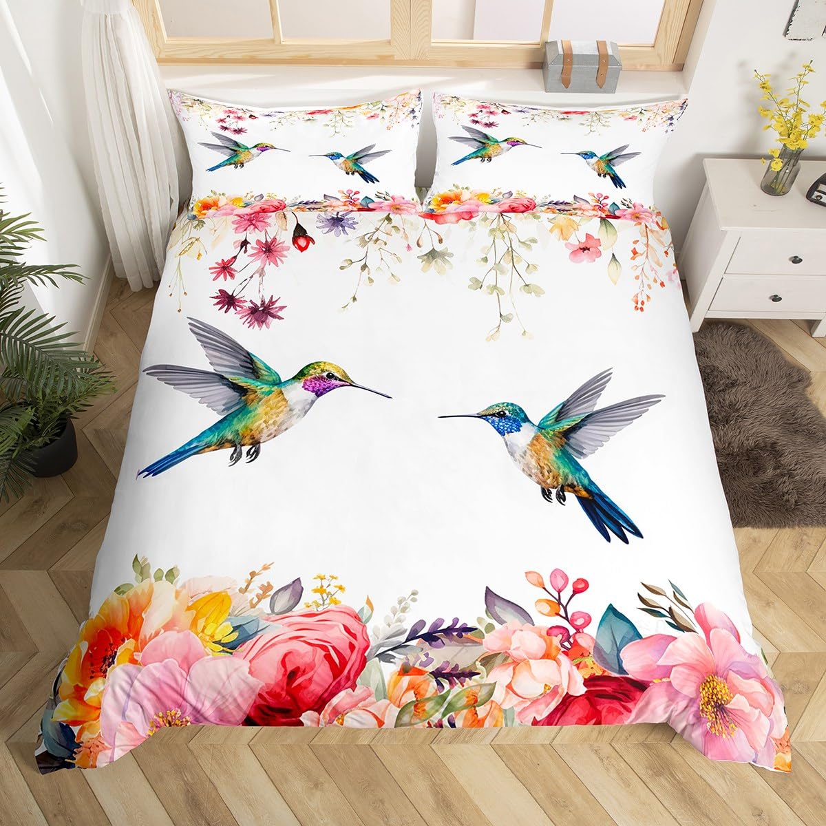 Hummingbird Bedding Set Full Size Tropical Birds Comforter Cover Set Hummingbird Flowers Duvet Cover Breathable Farmhouse Garden Bedspread Cover Room Decor Blossoming Iris Flowers Quilt Cover