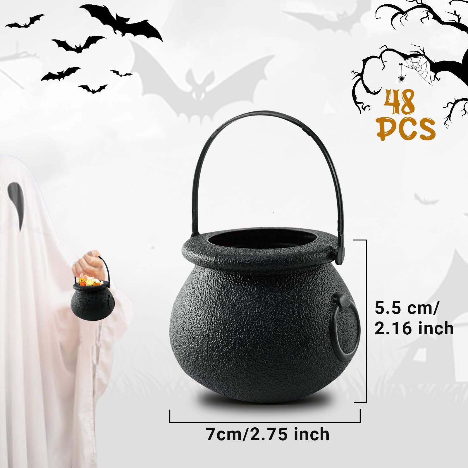 48 Pcs Mini Cauldron Kettles - Black Witch Calderon Pot - Plastic Cauldrons Candy Holder - Halloween Cauldrons Bucket for St.Patrick's Day Wizard Themed Kids Boys Girls Party Favors Decoration