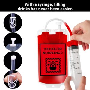 MGparty 80 Packs Blood Bags for Drink, Blood IV Bags for Halloween Party Decoration Drink Container Juice Pouch Prop for Zombie Vampire Theme Party Props (80Pcs Bag, 5 Syringes)