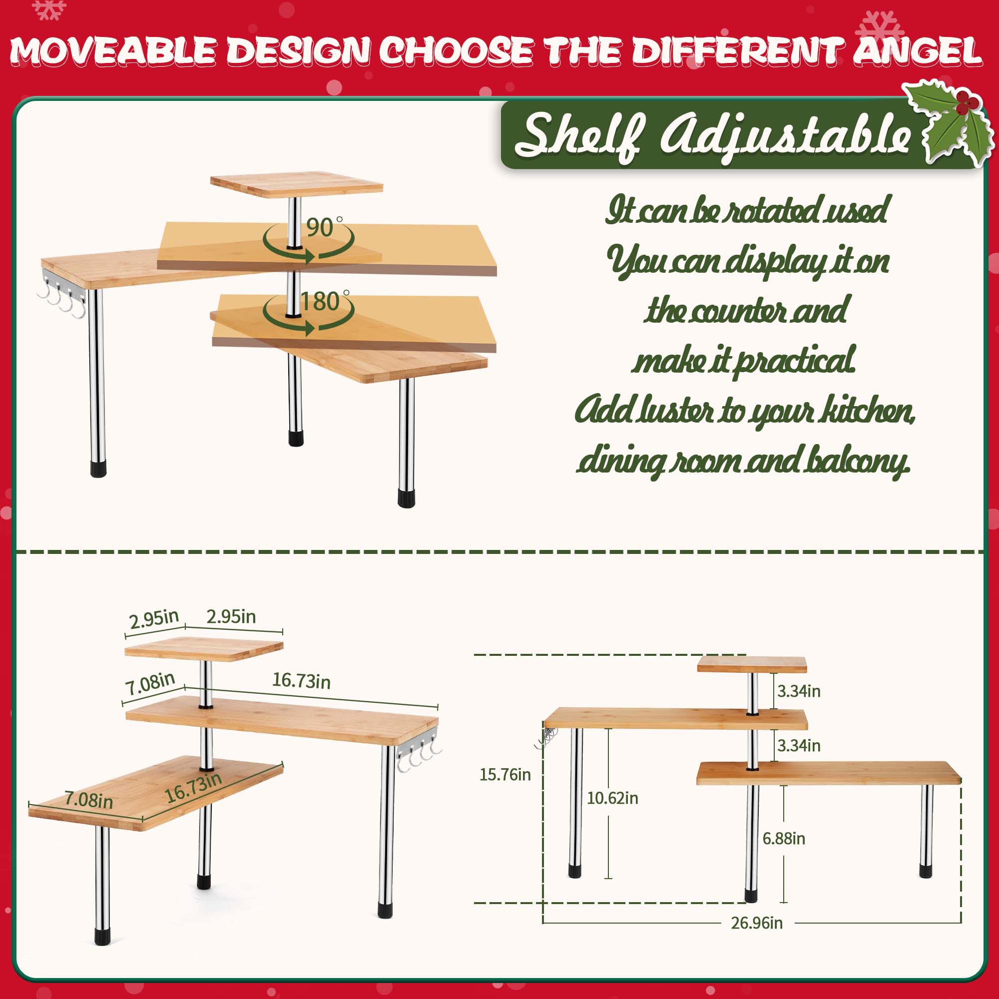 HYNAWIN 3 Tier Corner Shelf Bamboo & Metal Storage Spice Rack-Desk Bookshelf Display Shelves Space Saving Organizer Adjustable Rack for Kitchen,Bedroom