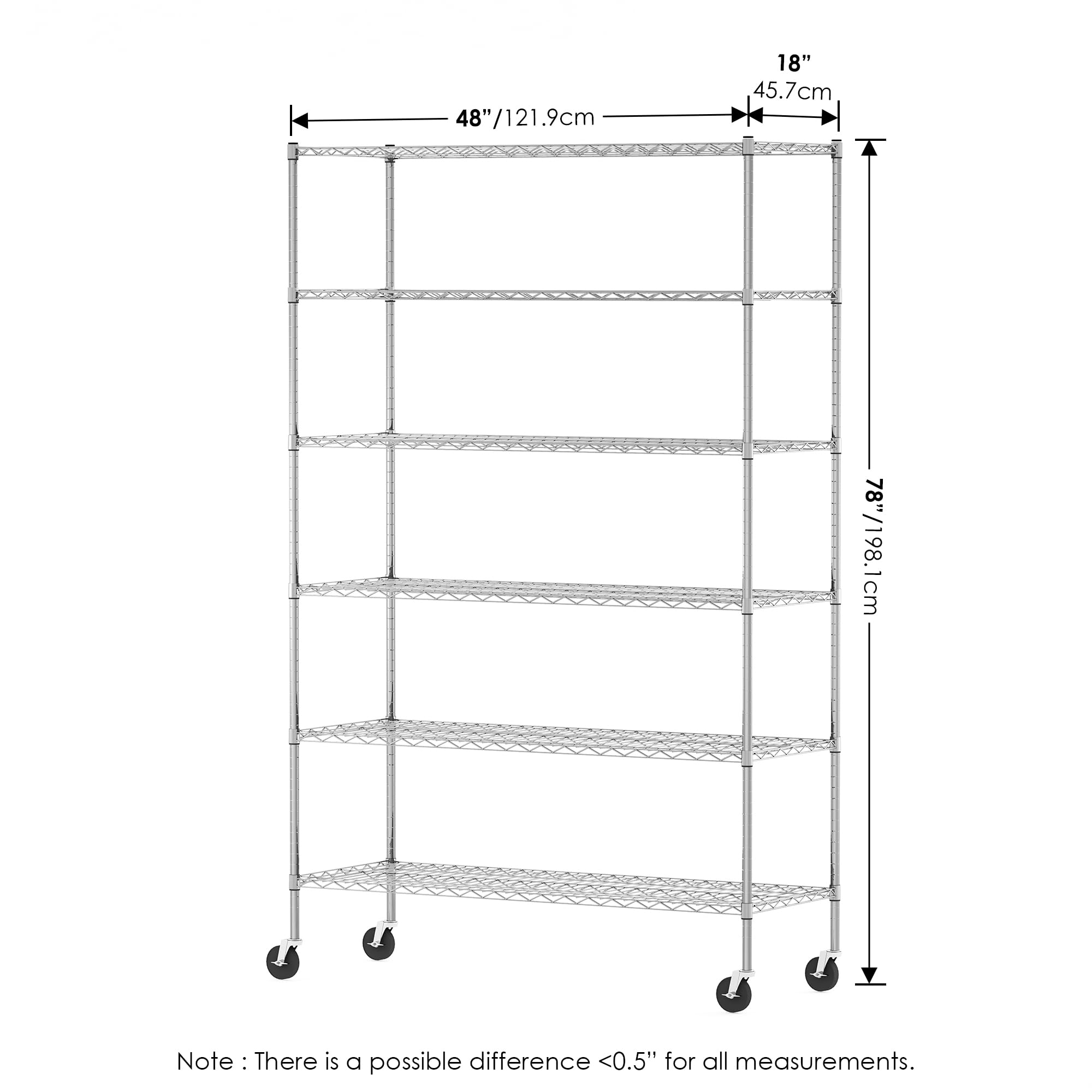 Furinno Wayar Metal Storage Shelf Rack, 6 Tiers, 48-Inch, Stainless Steel