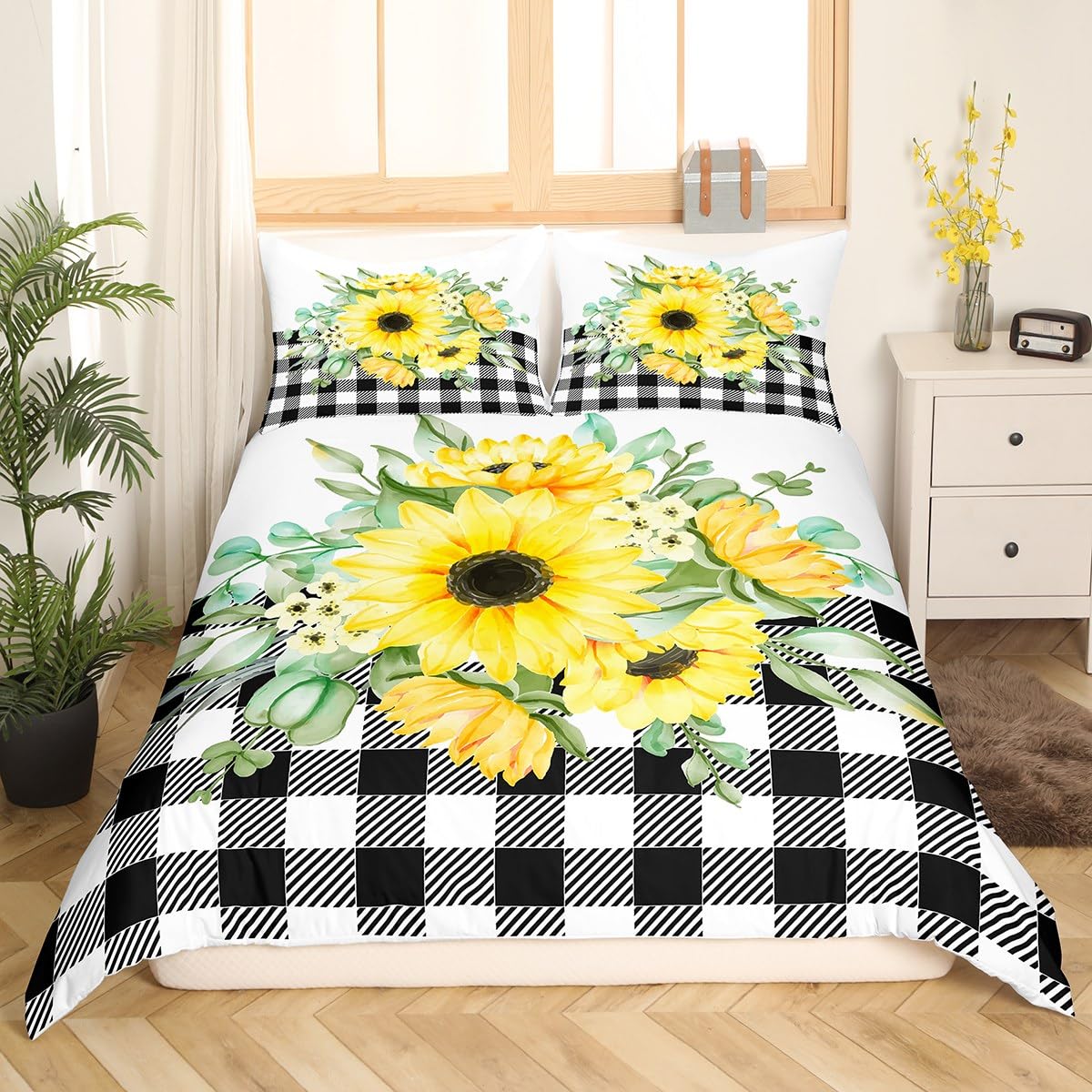 Sunflower Duvet Cover queen, Buffalo Check Bedding Set, Farmhouse Plaid Grid Yellow Floral Wild Botanical Black White Stripe Comforter Cover, Summer Rustic Garden Plants Room Decor Quilt Cover