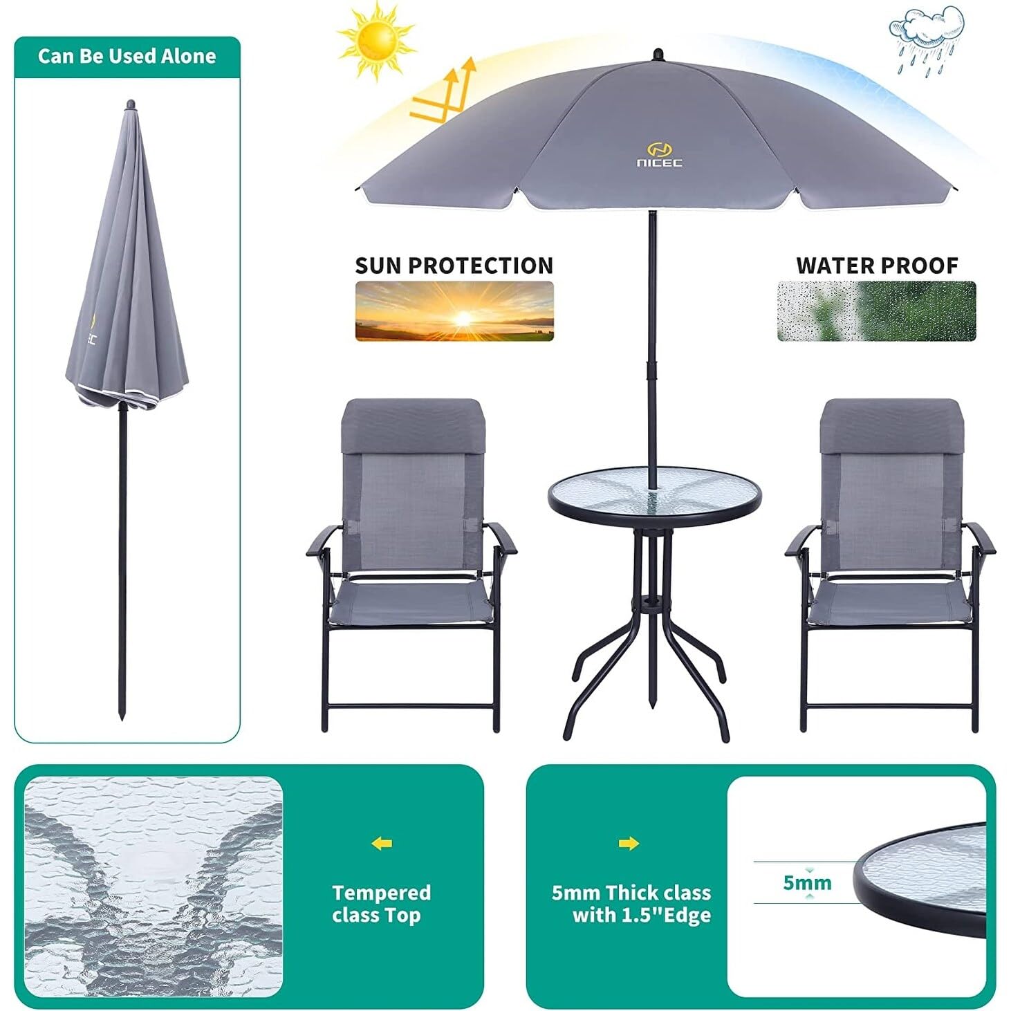 4-Piece Bistro Set Patio Dining Garden Outdoor Table with Tilted Removable Umbrella Glass and 2 Folding Chairs Grey Metal