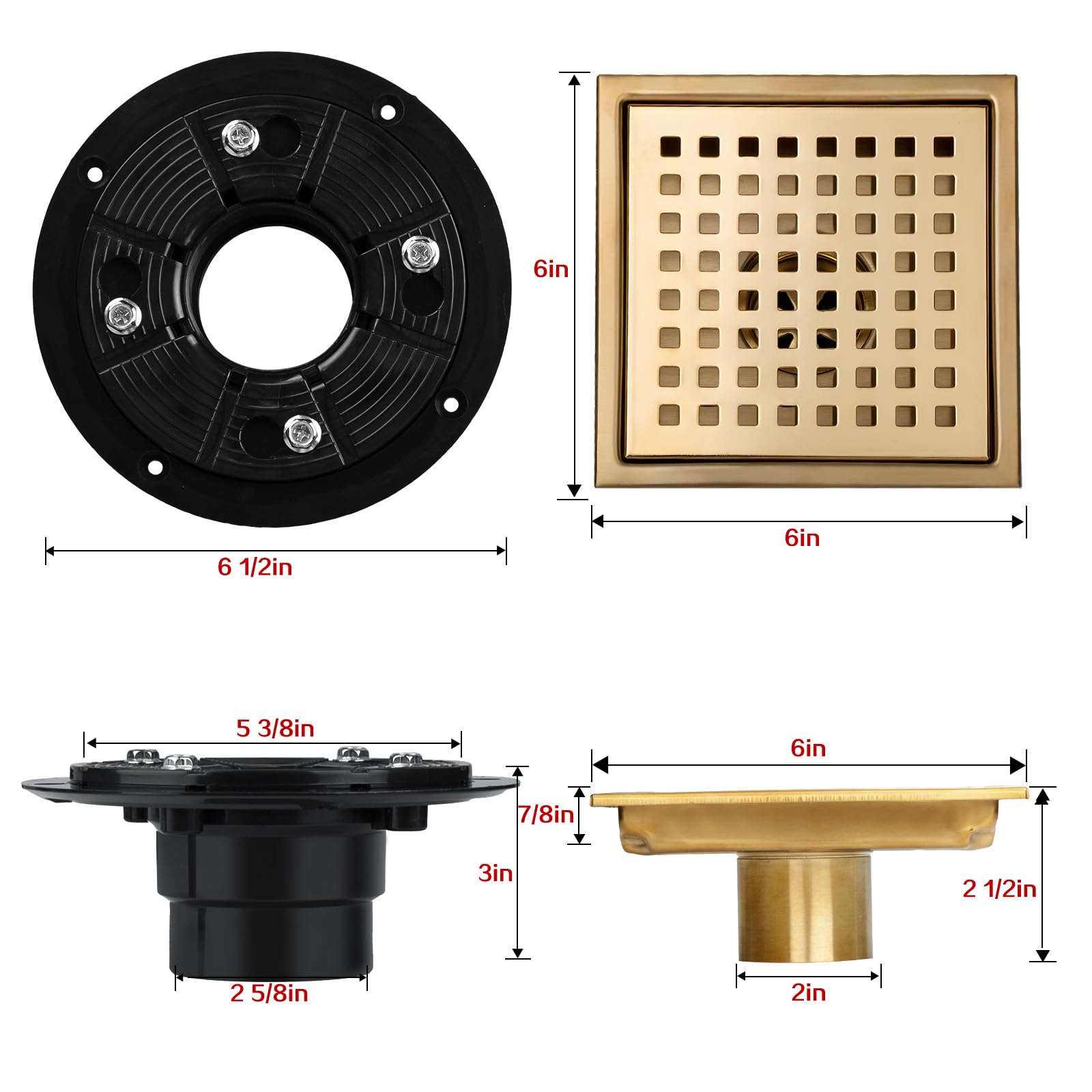 SaniteModar Shower Drain, 6 inch Shower Floor Square Drain with Flange, Removeable Grid Panel SUS 304 Stainless Steel Square Shower Drain, Brushed Gold…